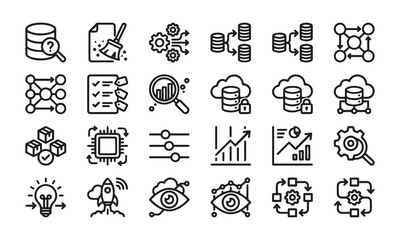 Fototapeta premium Data management and cloud storage analytics thin line icon collection for software.