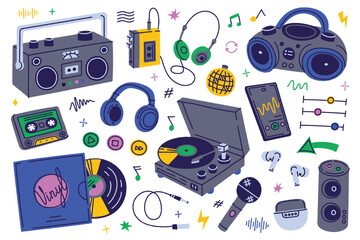 Music and audio devices set, doodle style boombox, cassette player, headphones, CD player, vinyl records, cassette tape, turntable, earbuds. Retro and modern music equipment vector illustration © Elena