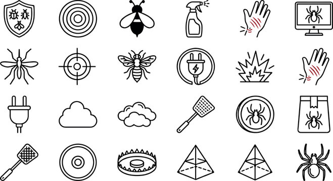 Pest Control and Insect Extermination Line Icon Set with Bug Protection Swatter Traps Scratch Marks Spider and Mosquito Warning Symbols for Hygiene Websites