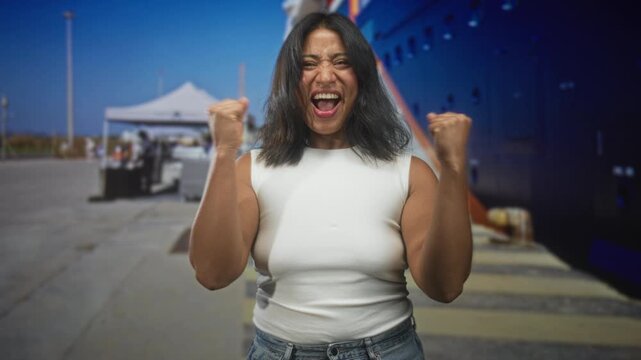 Young hispanic woman clenches fists and shouts beside a cruise ship prop on a studio set, hair tousled and cheering; joy celebration.
