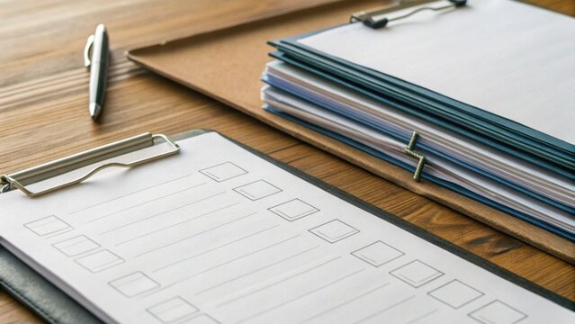 Blank checklist on a clipboard next to a pen and a stack of clipboards on a wooden desk.