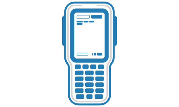 Blue and white handheld barcode scanner device icon showing a digital screen and numeric keypad for modern logistics business operations