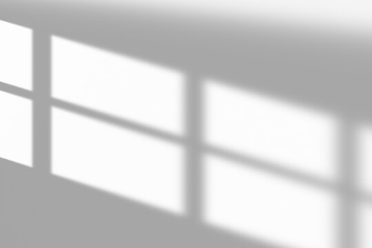 Minimalist window shadow overlay on white wall, soft natural light reflection, architectural aesthetic background for product mockup and branding