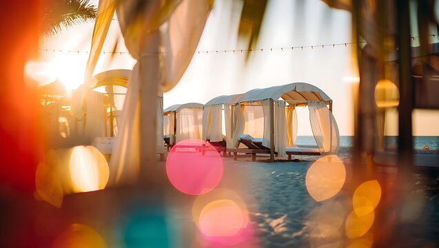 Luxury Resort Cabanas by the Pool at Sunset with Golden Hour Light and Bokeh Effect