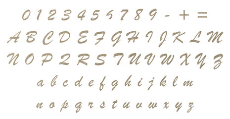 Naklejka premium Vintage Cursive Script Alphabet — Full A-Z Upper and Lowercase Italic Letters and Numbers 0-9 with Aged Parchment Texture on Black