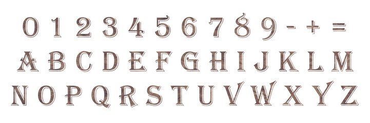Victorian Decorative Serif Alphabet — Full A-Z Uppercase Letters and Numbers 0-9 with Ornate Stone Texture on Black Background © luaginga