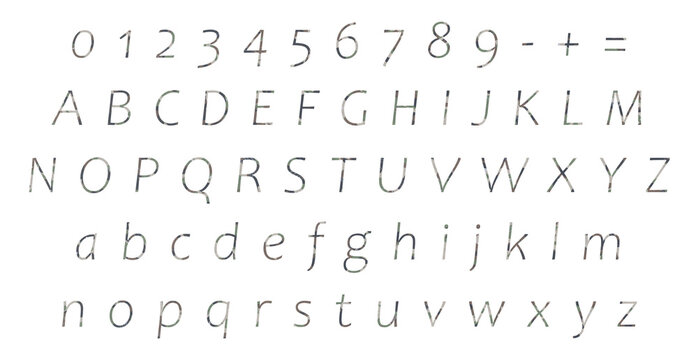Slim Metallic Italic Alphabet &mdash; Full A-Z Upper and Lowercase Letters and Numbers 0-9 with Dark Steel Texture on Black Background