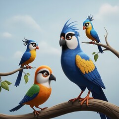Naklejka premium Colorful animated birds perched on tree branches in the sky