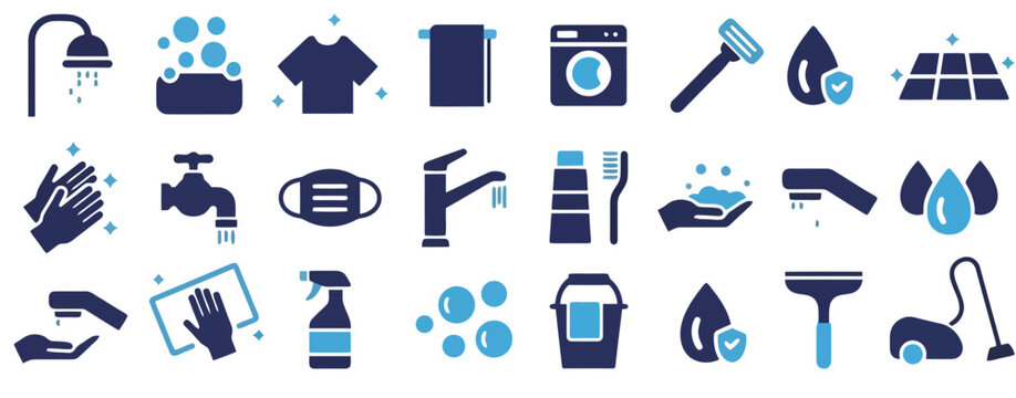 Collection of hygiene sanitation and household cleaning icons with cleaning sanitation household squeegee disinfection protection supplies maintenance domestic collection equipment wellness