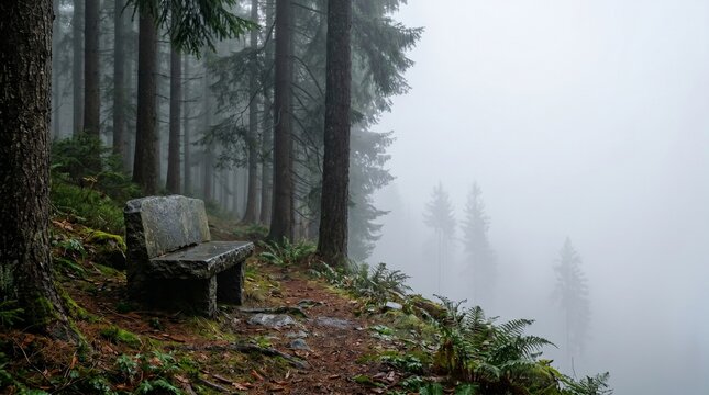 Misty Forest Bench Serene Nature Scene