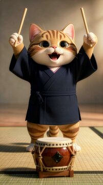 Cute 3D render of a tabby cat wearing a plain Japanese festival happi coat standing and playing a drum on a tatami mat