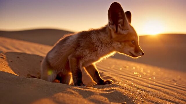 Cute fennec fox kit peeking out of a sand burrow in the desert at sunset