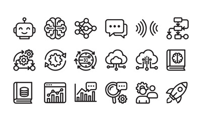 Fototapeta premium Set of AI, machine learning, and data processing line icons for web and app.