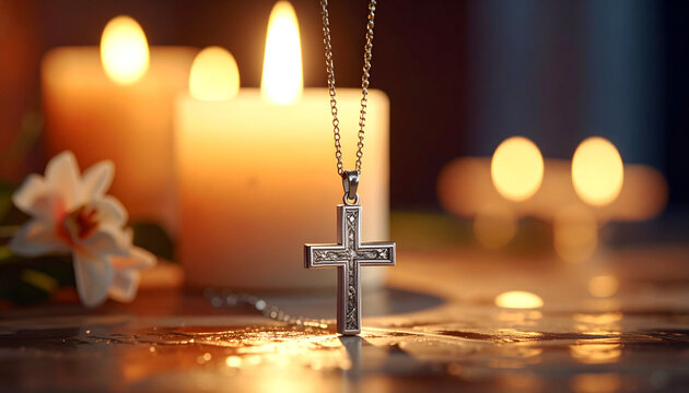 Close up of a silver cross pendant with candles in the background