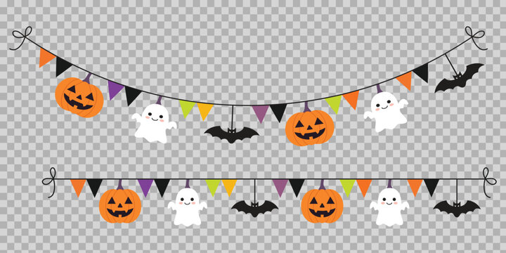 Cute Halloween Hanging Banner Border with Pumpkin Ghost Bat and Colorful Triangle Flags Decoration Vector Set
