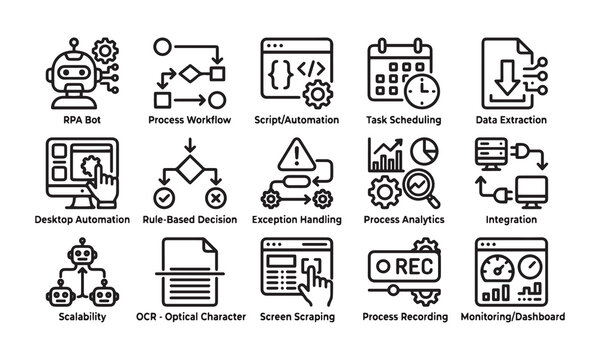 Collection of RPA bot, process workflow, and data extraction line icons.