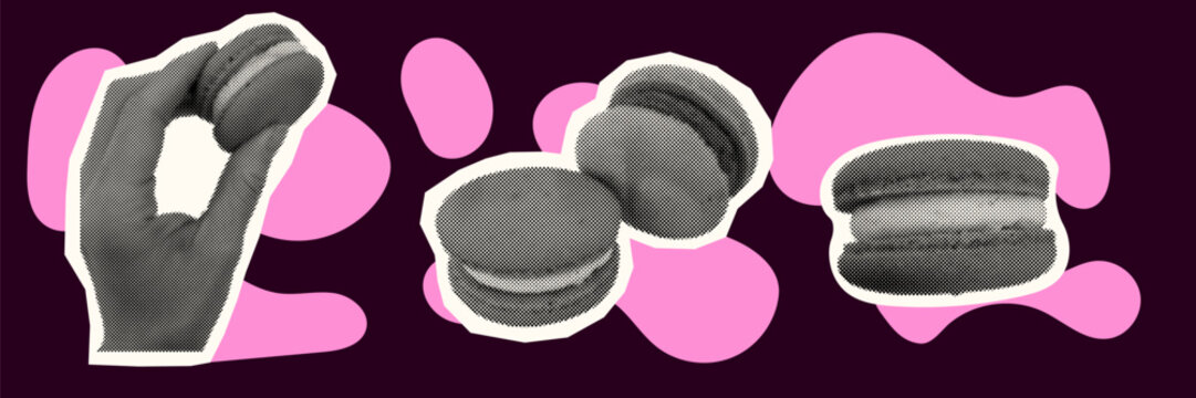 Coffee collage macaroon halftone cooking background line drawing hand food illustration with stacked sweet desserts and stylish retro cutout elements for cafe artwork