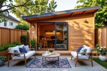 Fototapeta premium Cozy backyard patio with modern wooden shed, outdoor seating, and decorative plants in a fenced yard.