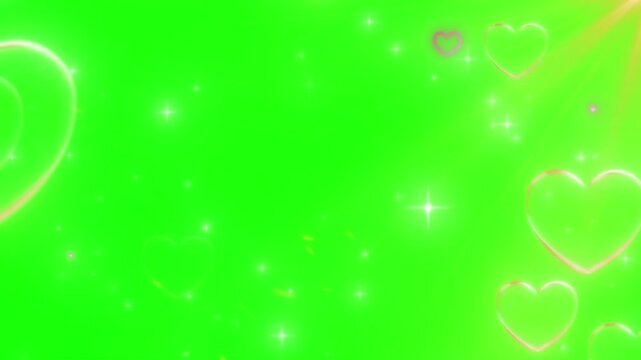 Hearts float gracefully across a vibrant green screen background while shimmering light particles create an ethereal atmosphere that adds a touch of romantic elegance to this dynamic motion graphic.