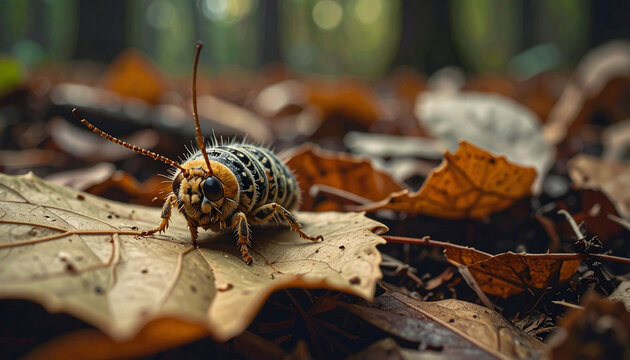 Close up of an insect on a leaf in a forest environment with blurred background