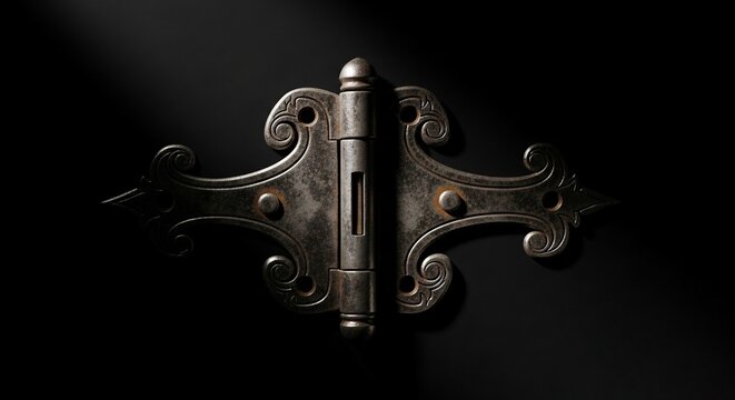 Close up of an ornate metal hinge isolated against a dark backdrop