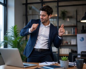 Happy businessman in a suit dancing at his office desk with a laptop and wireless earbuds, celebrating corporate success or profit.