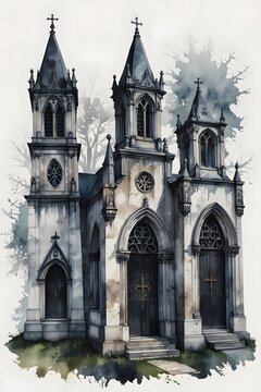 Gothic-style tombstones or crypts within the church grounds