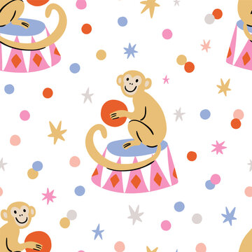 Vector circus monkey seamless pattern. Cute circus animal repeat background design for nursery. Stylized monkies, stars and confetti isolated on white background.