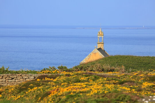 Die historische Kapelle Saint-They thront malerisch auf den Klippen des Pointe du Van, umgeben von bl&uuml;hender Heide, w&auml;hrend sich im Hintergrund der tiefblaue Atlantische Ozean erstreckt.