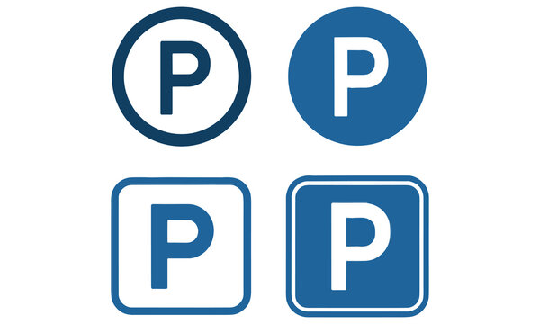 Four distinct blue and white parking sign icons featuring the letter p displayed in circular and rounded square shape designs