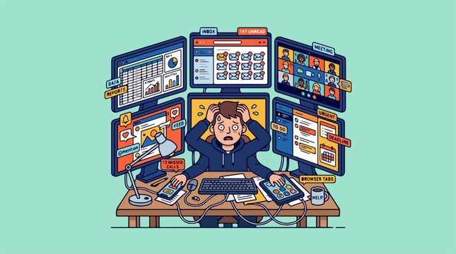 Man surrounded by computer screens.