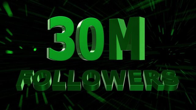 30 Million Followers Celebration Animation. 3D Social Media Milestone with Abstract Motion Lines Background 4K.