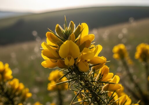 Close-up of vibrant yellow gorse flowers in a natural landscape.