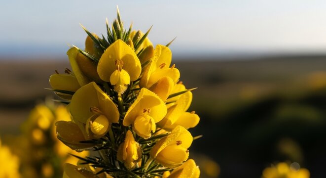 Close-up of vibrant yellow gorse flowers in a natural landscape.