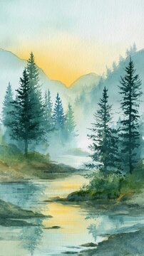 A serene watercolor painting of a misty forest river at sunrise, with pine trees and distant mountains reflecting soft golden light on the water.