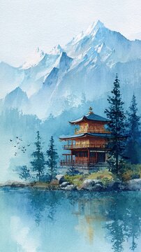 A serene watercolor painting of a traditional Japanese pagoda by a lake, surrounded by pine trees and misty mountain peaks in the background.