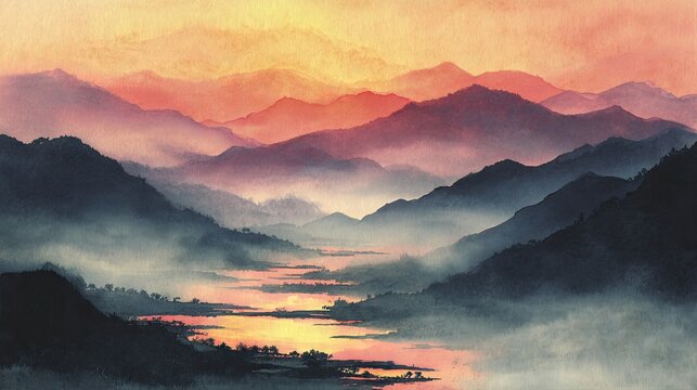 A serene watercolor painting of layered mountains at sunset with mist and a reflective river winding through the valley.