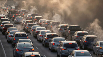 Fototapeta premium Traffic jam car exhaust pollution smog air urban highway rush hour commute with haze, dirty air pollution smog, dense exhaust. toxic smoke carbon emission. city fog, environmental climate health