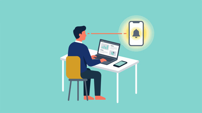 Man Using Laptop with Smartphone.
