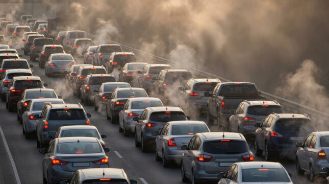 Traffic jam car exhaust pollution smog air urban highway rush hour commute with haze, dirty air pollution smog, dense exhaust. toxic smoke carbon emission. city fog, environmental climate health