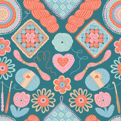 Naklejka premium Flat style chrochet hobby seamless pattern. Vector crochet square, flowers and thread balls repeated fabric print design. Crocheting elements and accessories set on dark green blue background. 