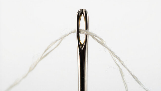 A close-up view of a silver sewing needle with a white thread passing through the eye, isolated against a plain white background, for clarity