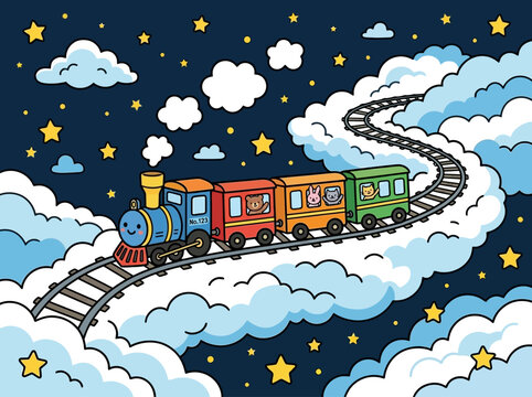 Colorful cartoon train on tracks.