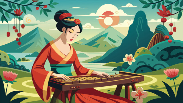 Asian woman playing traditional zither instrument outdoors in serene landscape under soft sunlight and mountains