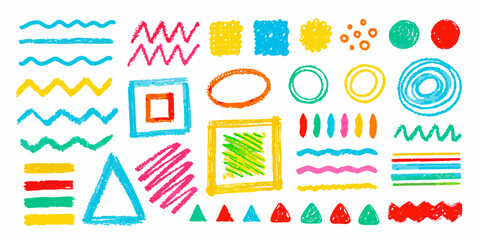 Fototapeta premium Colorful crayon scribbles and geometric shapes on a white background