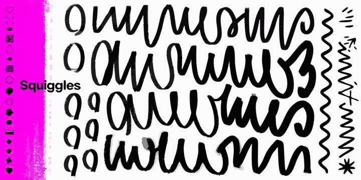 Black ink squiggles vector illustration with decorative elements on pink background