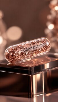 Close-up view of a capsule containing germanium sitting on a shiny surface, showing crystalline contents and label in visible focus