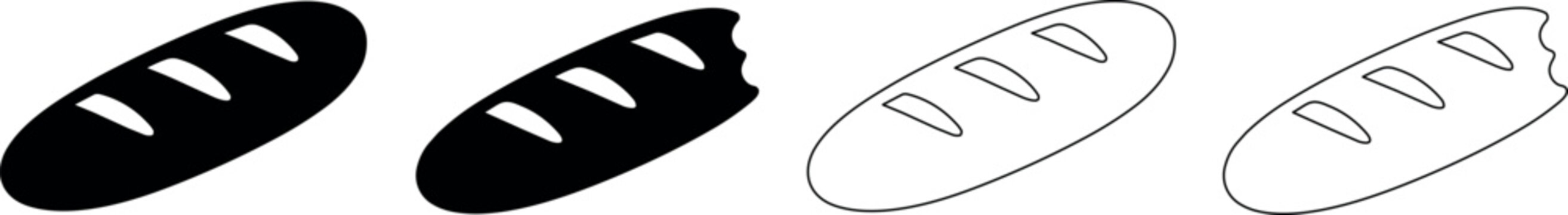 Set of simple bread icons, some with bite marks, in solid and outline styles