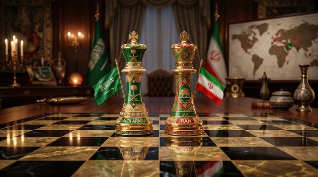 Two ornate golden chess pieces representing Saudi Arabia and Iran stand facing each other on a polished marble chessboard in a luxurious high stakes diplomatic meeting room