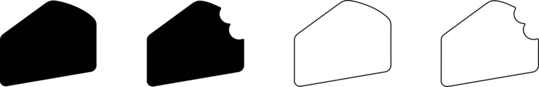 Set of cheese slice icons, solid and outline with bite marks